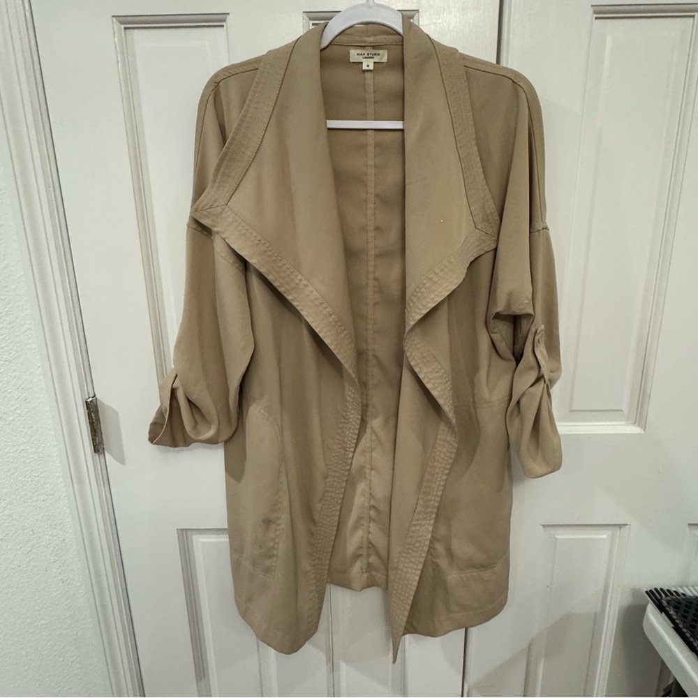 Max Studio London Tan Draped Open Front Trench Coat‎ Jacket – Size M